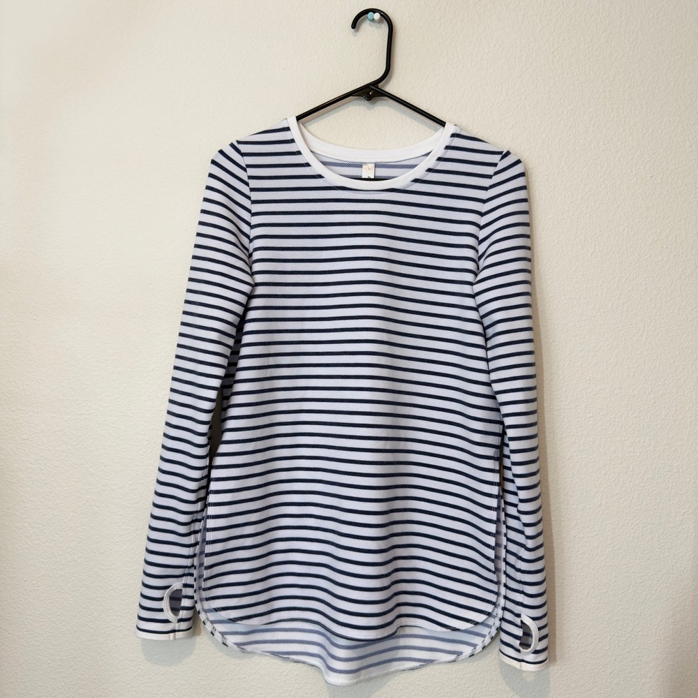 Lorna Jane Uniquely Long Sleeve Top Womens S Navy White Good Striped Thumbholes